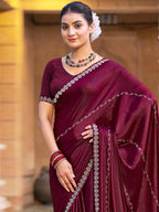 Jyoti Fashion Women's Maroon Shimmer Chiffon Embellished Border with Crystal Lines Saree with Blouse | Grocsy