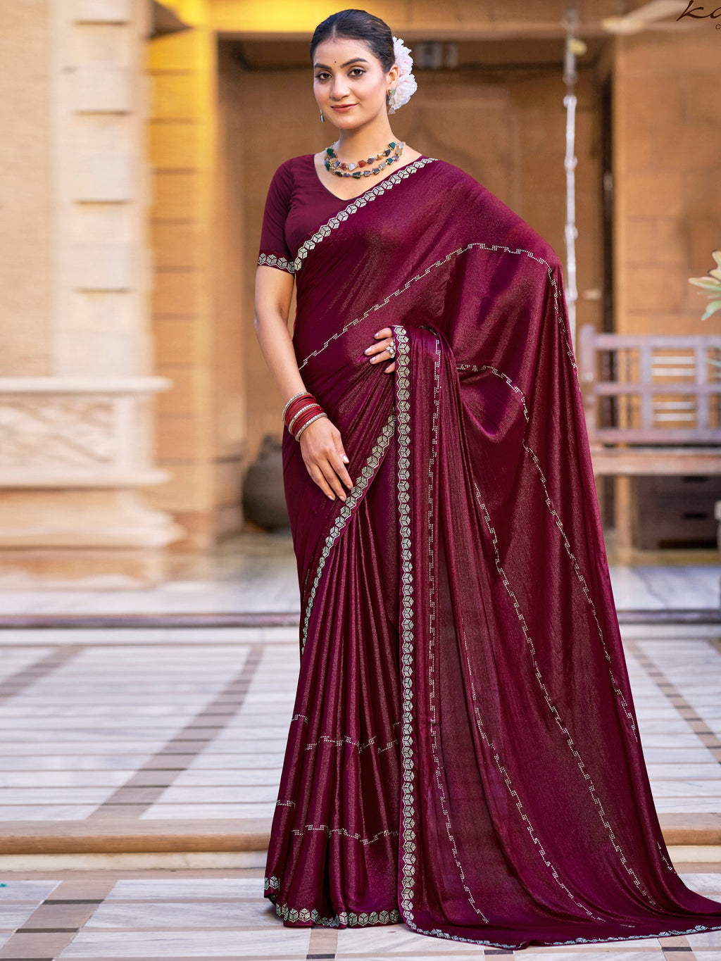Jyoti Fashion Women's Maroon Shimmer Chiffon Embellished Border with Crystal Lines Saree with Blouse | Grocsy