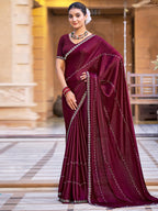 Jyoti Fashion Women's Maroon Shimmer Chiffon Embellished Border with Crystal Lines Saree with Blouse | Grocsy