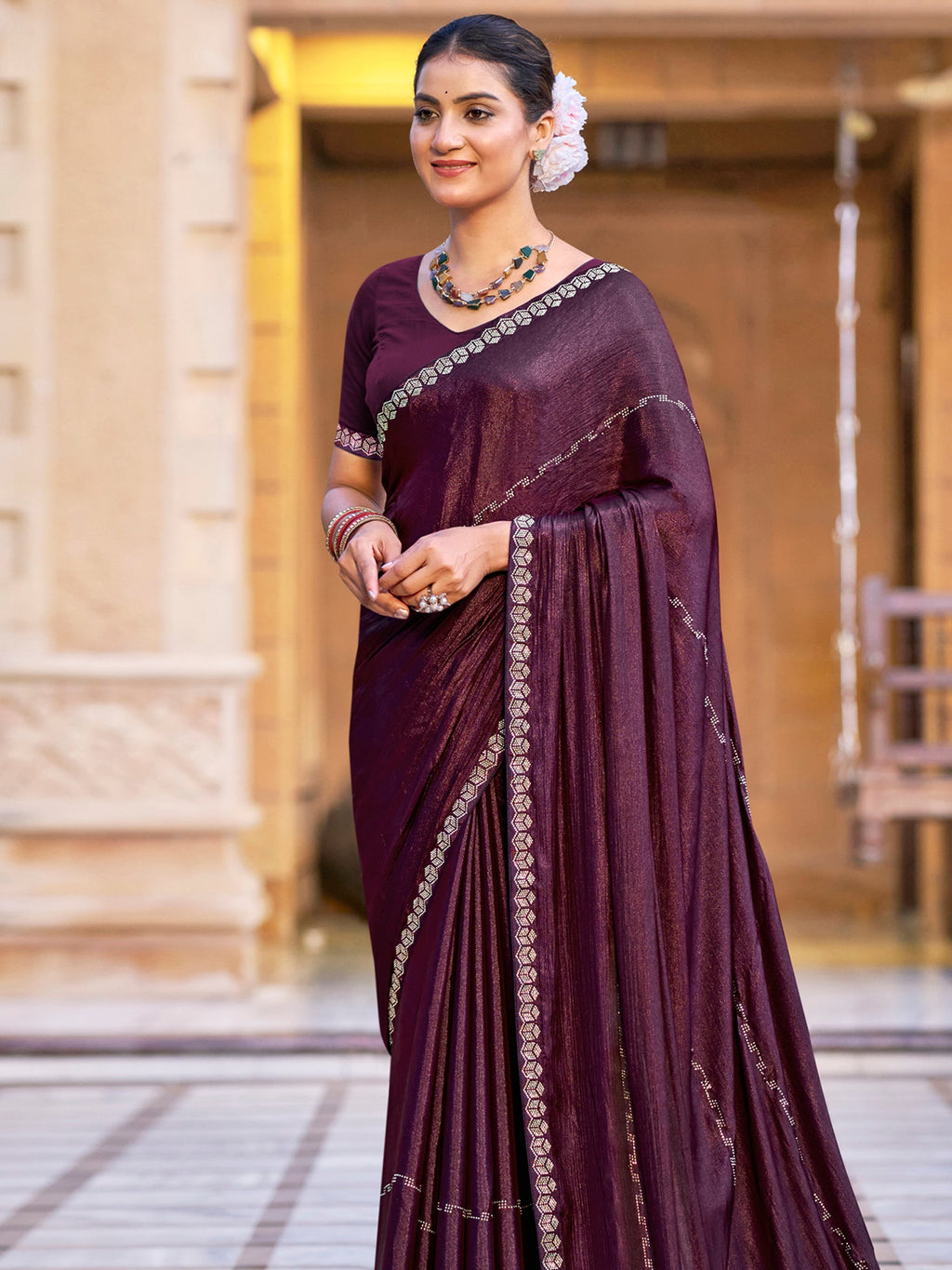 Jyoti Fashion Women's Wine Shimmer Chiffon Embellished Border with Crystal Lines Saree with Blouse | Grocsy