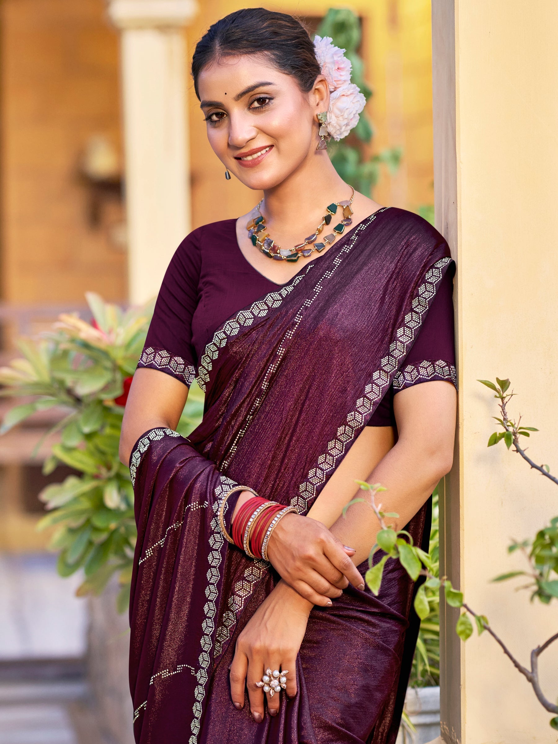 Jyoti Fashion Women's Wine Shimmer Chiffon Embellished Border with Crystal Lines Saree with Blouse | Grocsy