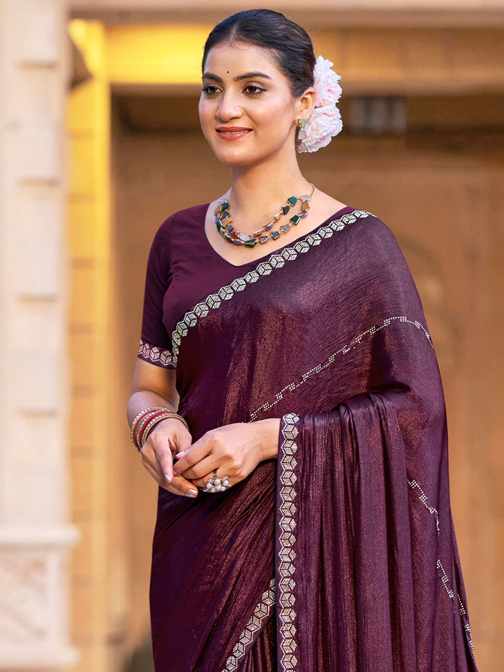 Jyoti Fashion Women's Wine Shimmer Chiffon Embellished Border with Crystal Lines Saree with Blouse | Grocsy