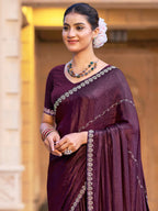 Jyoti Fashion Women's Wine Shimmer Chiffon Embellished Border with Crystal Lines Saree with Blouse | Grocsy