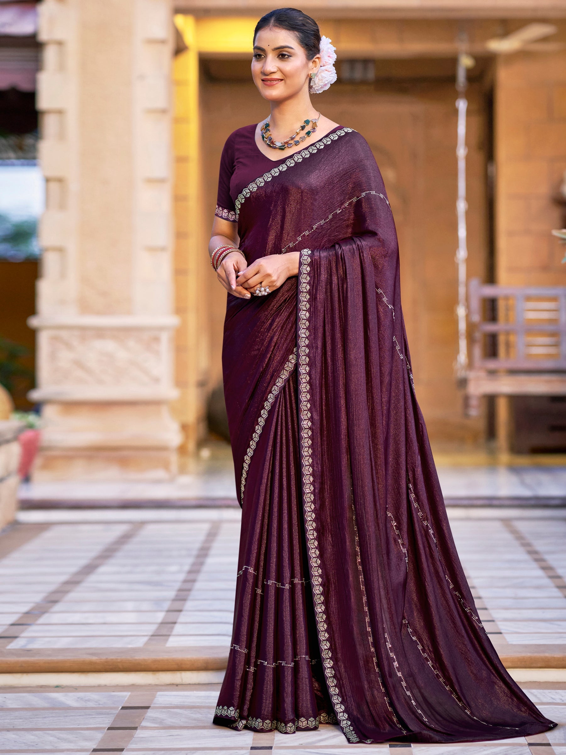 Jyoti Fashion Women's Wine Shimmer Chiffon Embellished Border with Crystal Lines Saree with Blouse | Grocsy