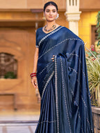 Jyoti Fashion Women's Navy Blue Shimmer Chiffon Embellished Border with Crystal Lines Saree with Blouse | Grocsy