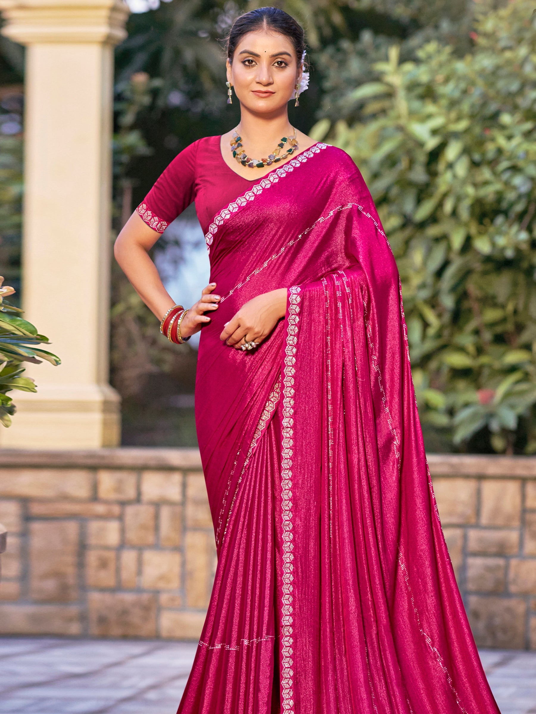 Jyoti Fashion Women's Magenta Shimmer Chiffon Embellished Border with Crystal Lines Saree with Blouse | Grocsy