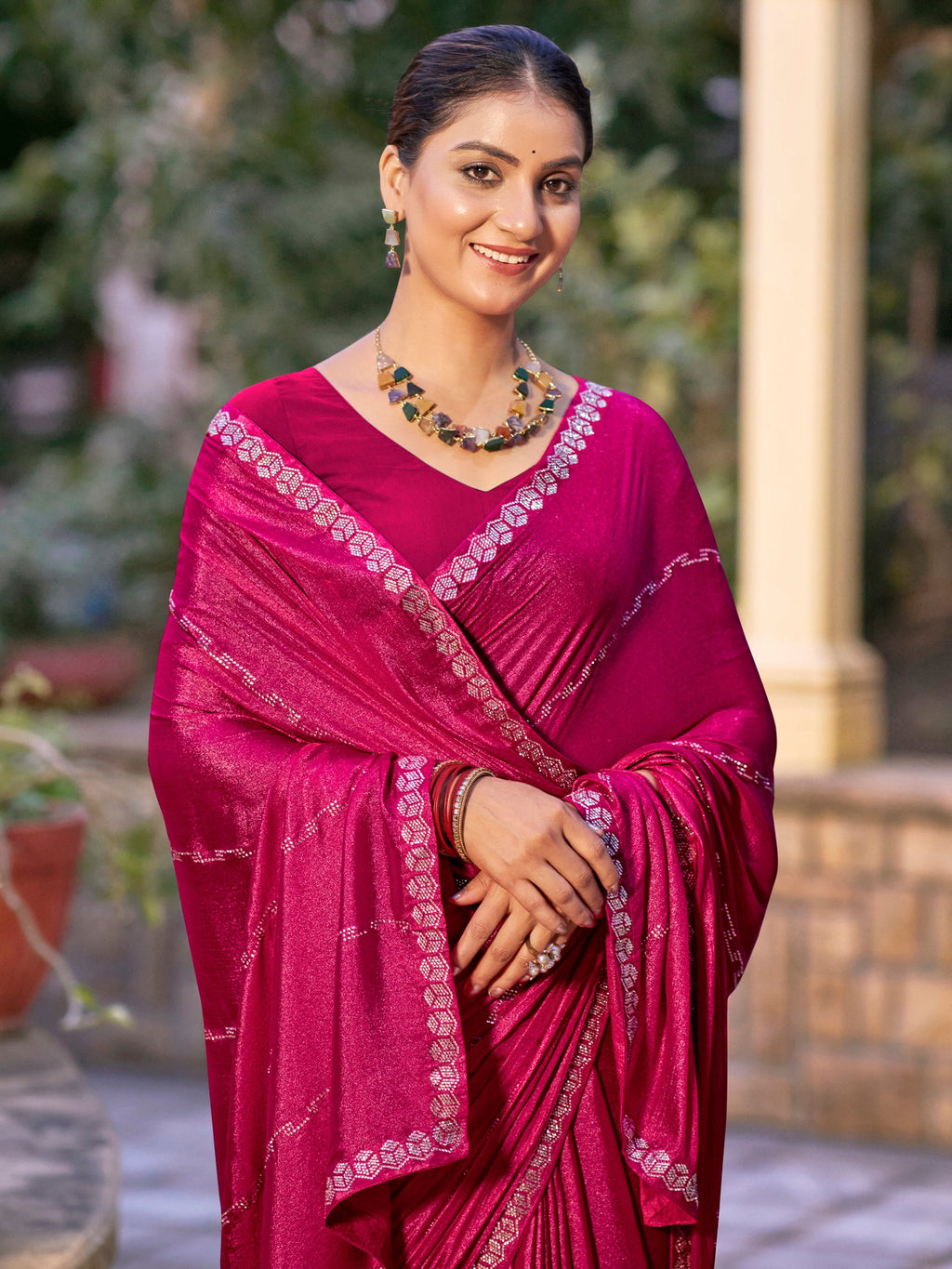 Jyoti Fashion Women's Magenta Shimmer Chiffon Embellished Border with Crystal Lines Saree with Blouse | Grocsy