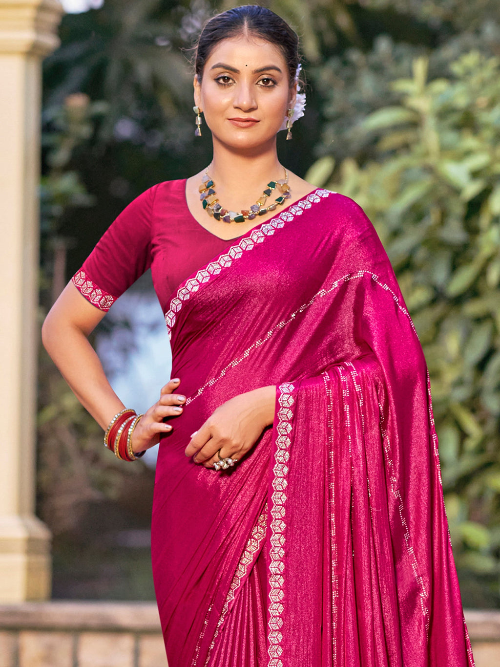 Jyoti Fashion Women's Magenta Shimmer Chiffon Embellished Border with Crystal Lines Saree with Blouse | Grocsy