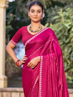 Jyoti Fashion Women's Magenta Shimmer Chiffon Embellished Border with Crystal Lines Saree with Blouse | Grocsy