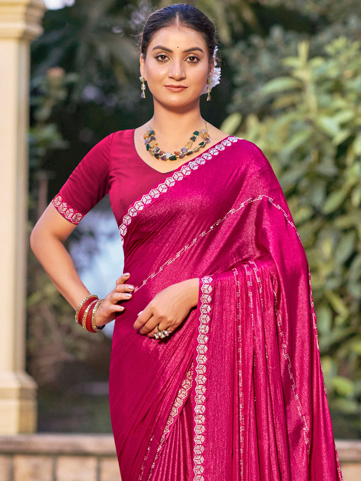 Jyoti Fashion Women's Magenta Shimmer Chiffon Embellished Border with Crystal Lines Saree with Blouse | Grocsy