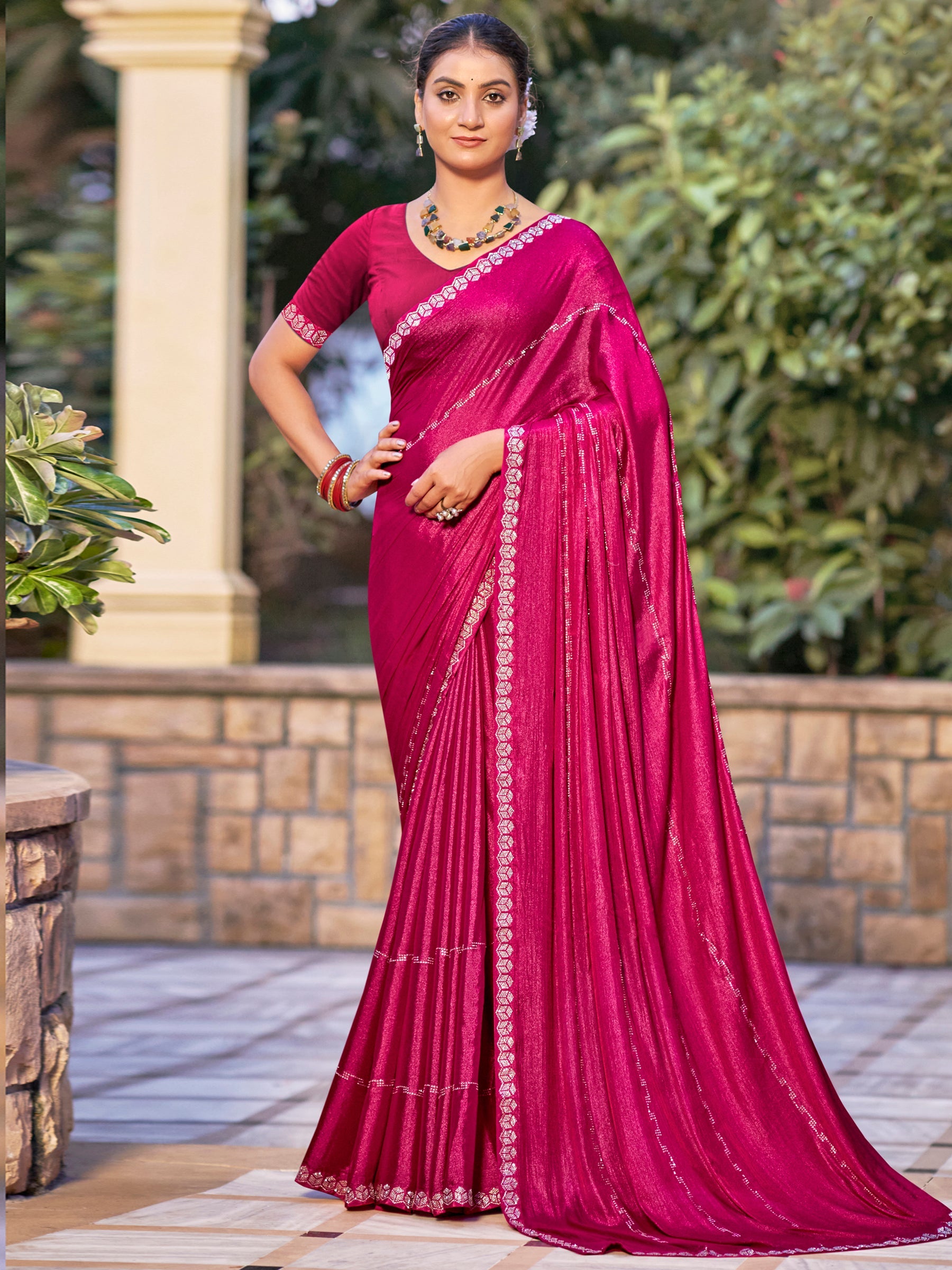 Jyoti Fashion Women's Magenta Shimmer Chiffon Embellished Border with Crystal Lines Saree with Blouse | Grocsy