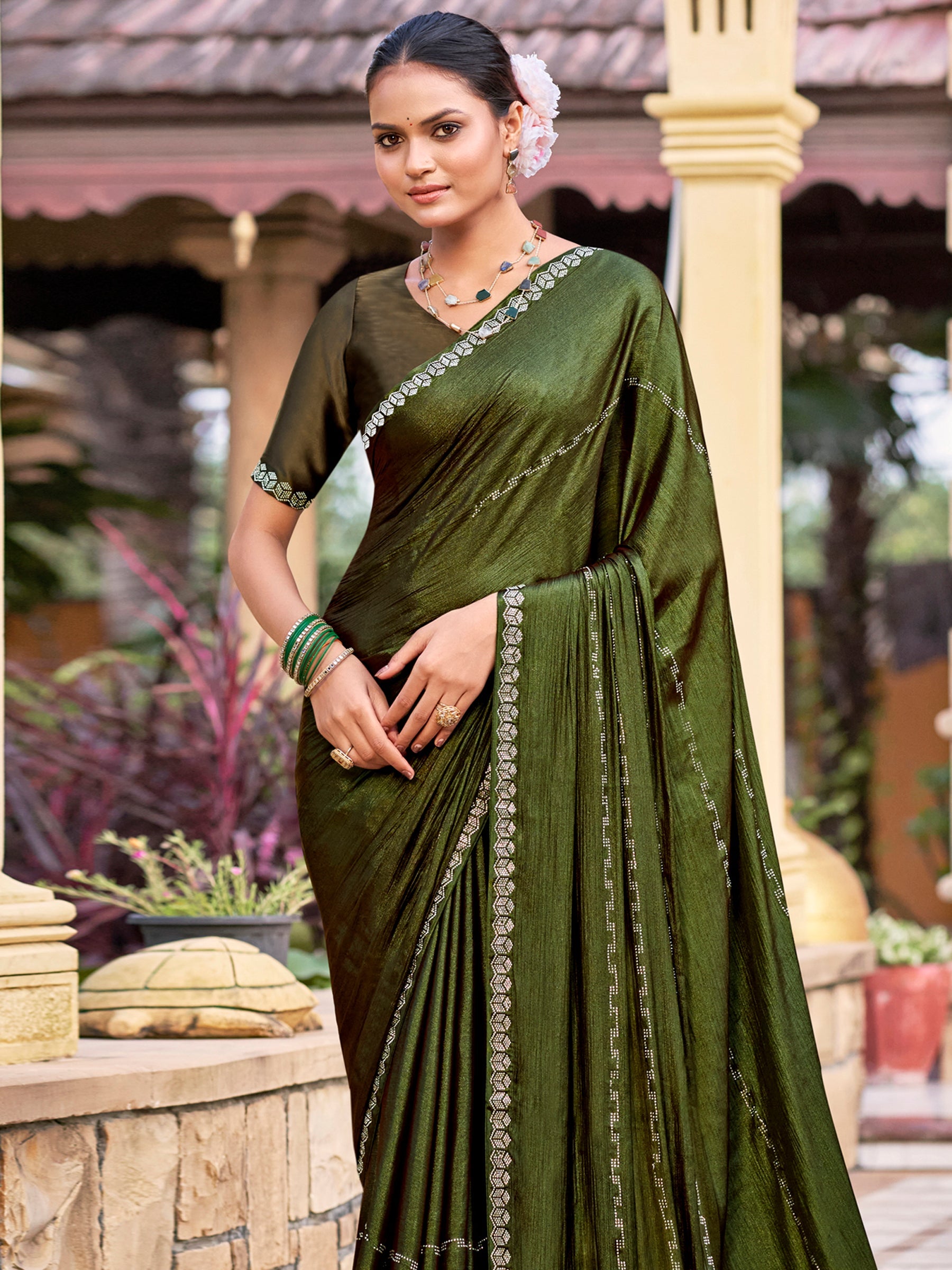 Jyoti Fashion Women's Olive Shimmer Chiffon Embellished Border with Crystal Lines Saree with Blouse | Grocsy