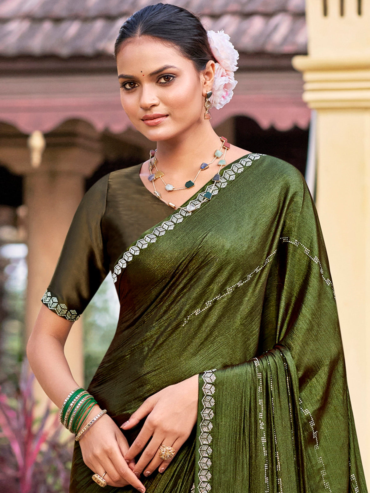 Jyoti Fashion Women's Olive Shimmer Chiffon Embellished Border with Crystal Lines Saree with Blouse | Grocsy