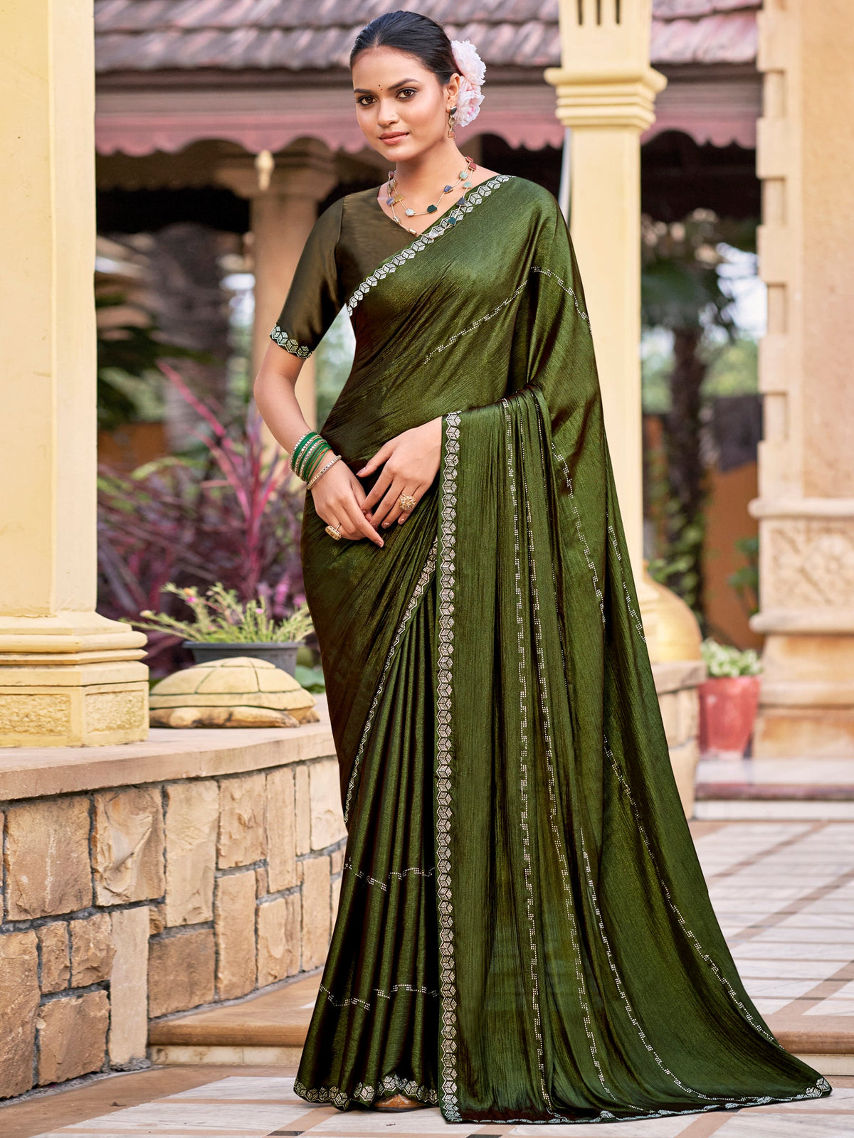 Jyoti Fashion Women's Olive Shimmer Chiffon Embellished Border with Crystal Lines Saree with Blouse | Grocsy