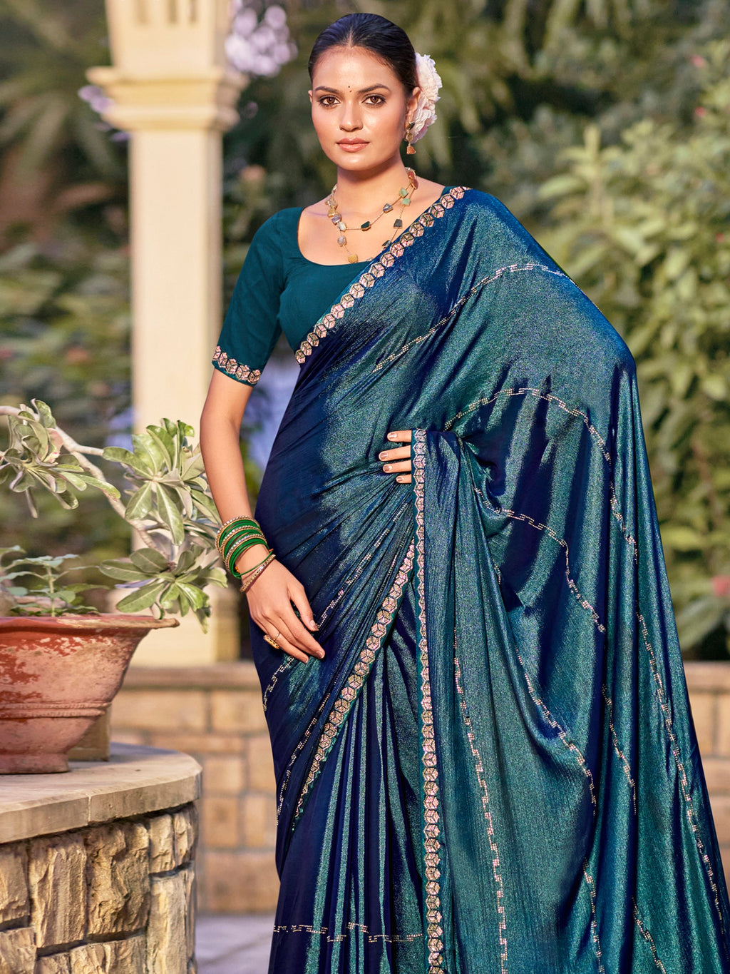 Jyoti Fashion Women's Teal Shimmer Chiffon Embellished Border with Crystal Lines Saree with Blouse | Grocsy