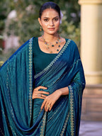 Jyoti Fashion Women's Teal Shimmer Chiffon Embellished Border with Crystal Lines Saree with Blouse | Grocsy