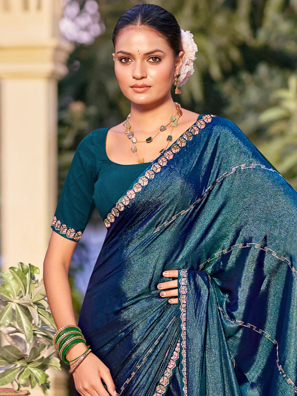 Jyoti Fashion Women's Teal Shimmer Chiffon Embellished Border with Crystal Lines Saree with Blouse | Grocsy