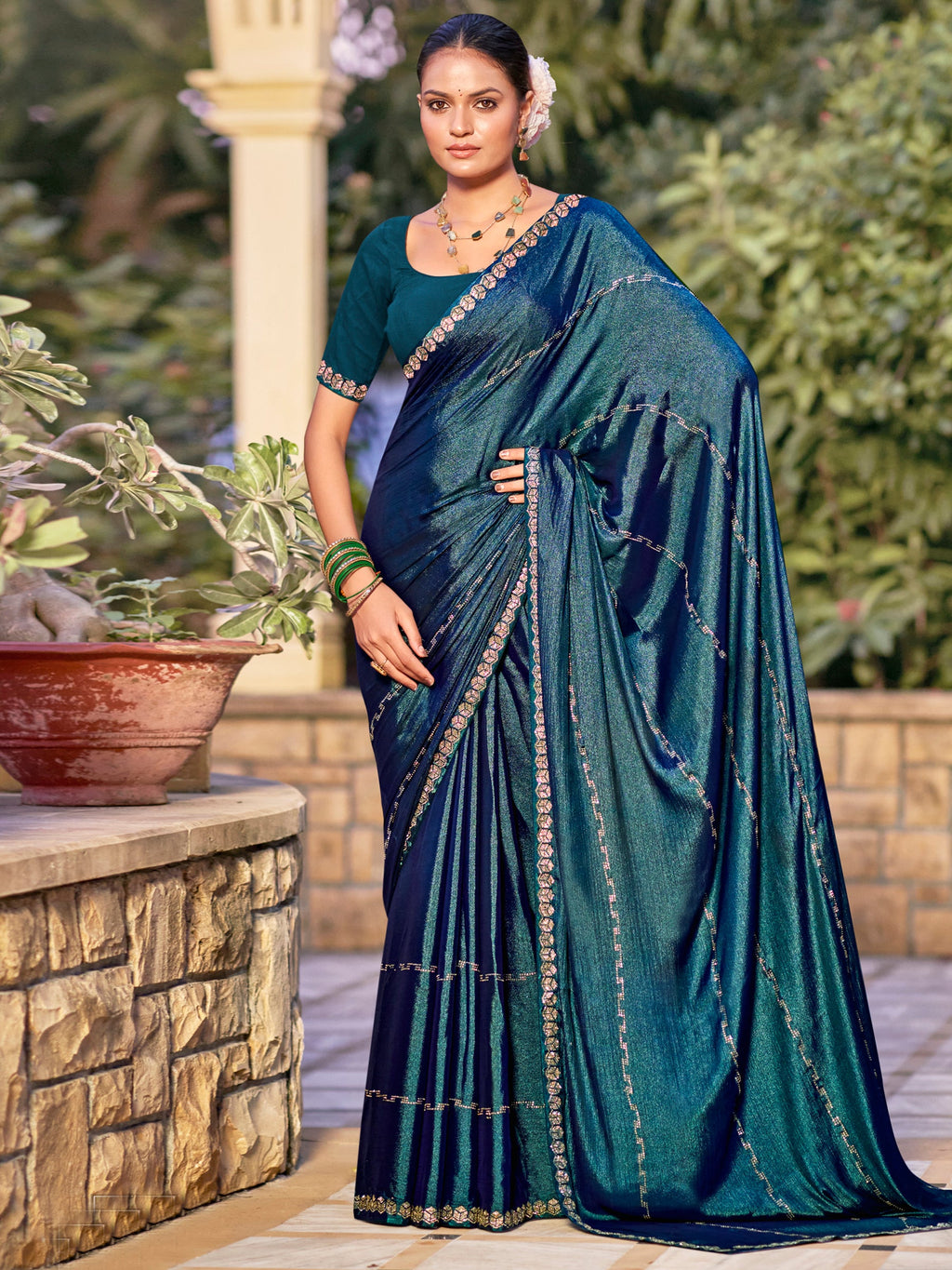 Jyoti Fashion Women's Teal Shimmer Chiffon Embellished Border with Crystal Lines Saree with Blouse | Grocsy