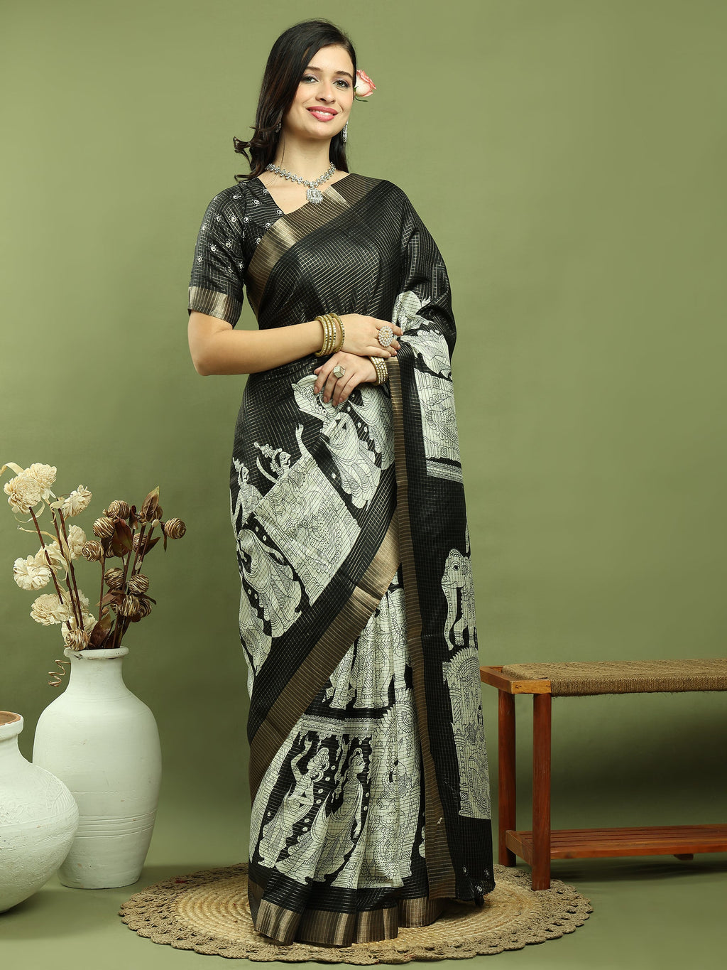 Jyoti Fashion Women's Black Silk Blend Print with Checks Jari Weaving Pattrn Saree with Blouse | Grocsy