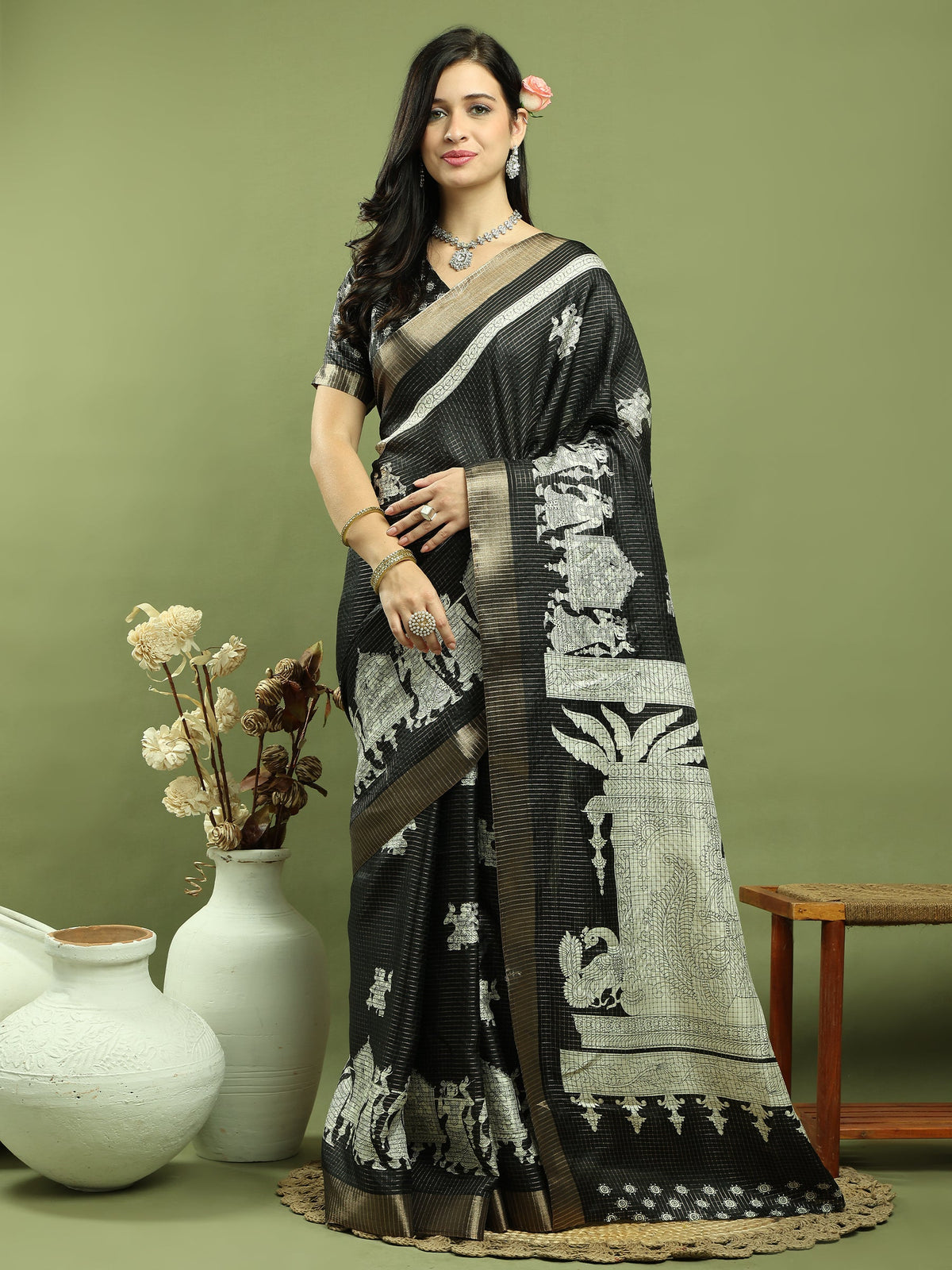 Jyoti Fashion Women's Black Silk Blend Print with Checks Jari Weaving Pattrn Saree with Blouse | Grocsy