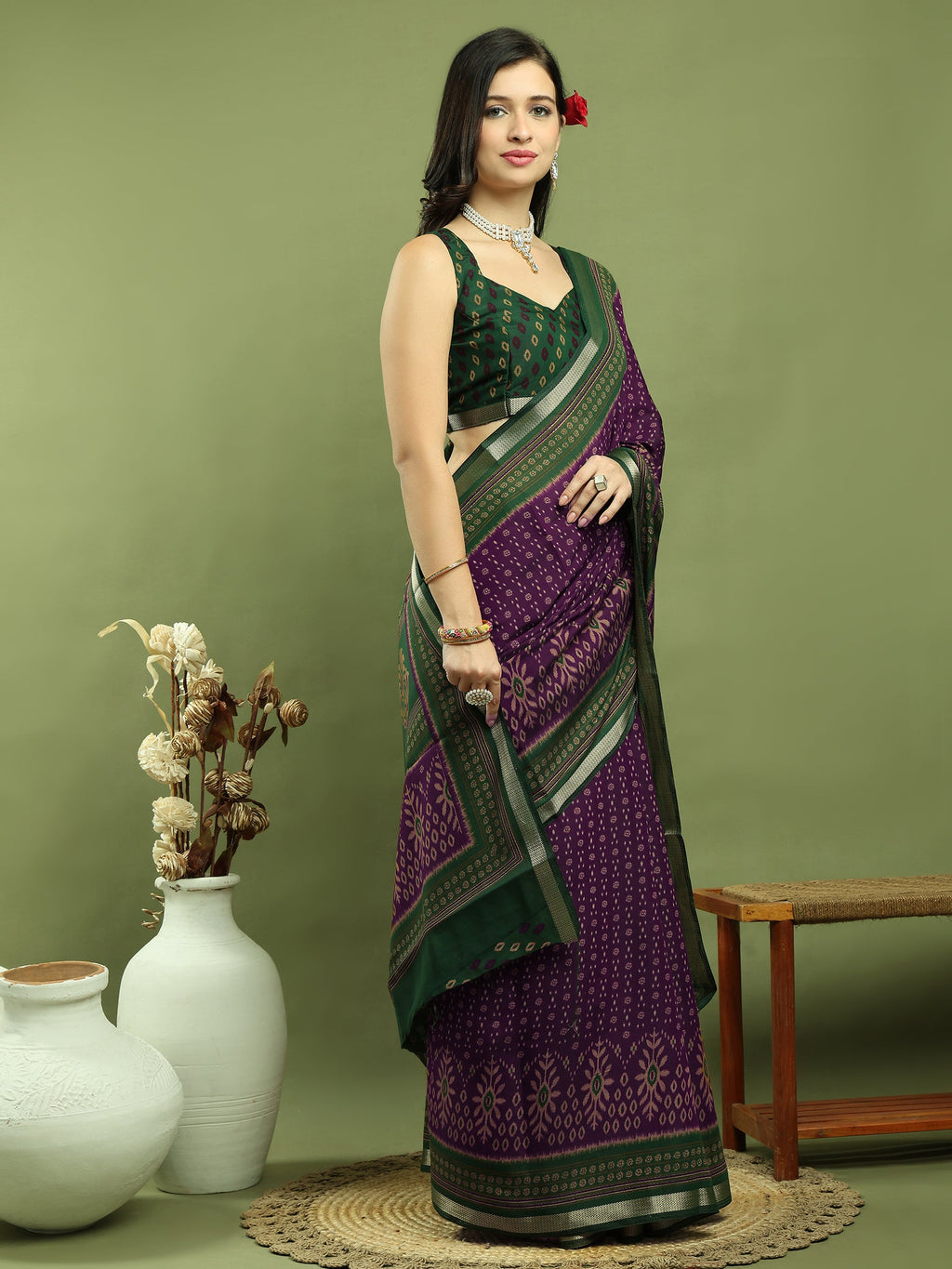 Jyoti Fashion Women's Purple Silk Blend Ikat Floral Print with Jari Border Saree with Blouse | Grocsy