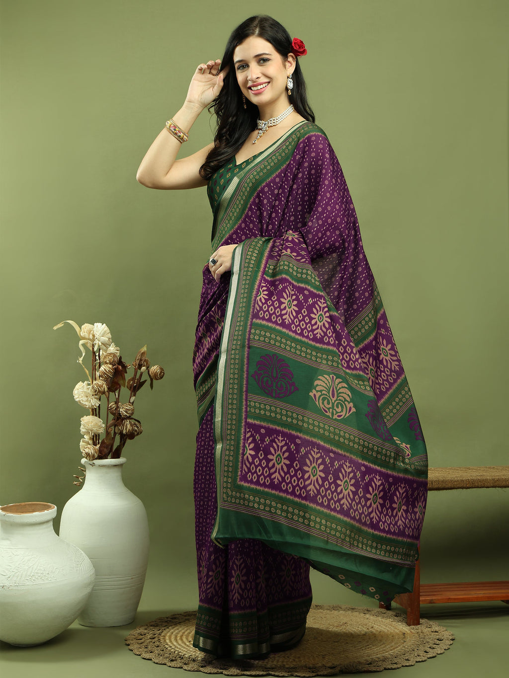 Jyoti Fashion Women's Purple Silk Blend Ikat Floral Print with Jari Border Saree with Blouse | Grocsy