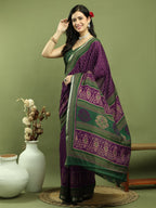 Jyoti Fashion Women's Purple Silk Blend Ikat Floral Print with Jari Border Saree with Blouse | Grocsy