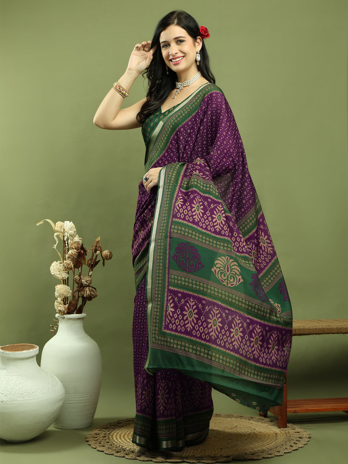Jyoti Fashion Women's Purple Silk Blend Ikat Floral Print with Jari Border Saree with Blouse | Grocsy