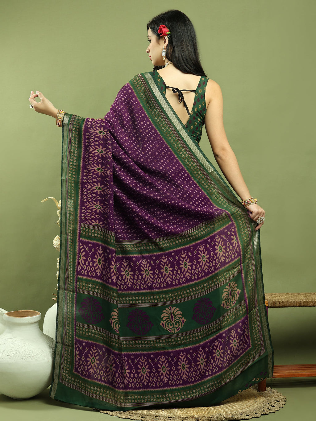 Jyoti Fashion Women's Purple Silk Blend Ikat Floral Print with Jari Border Saree with Blouse | Grocsy