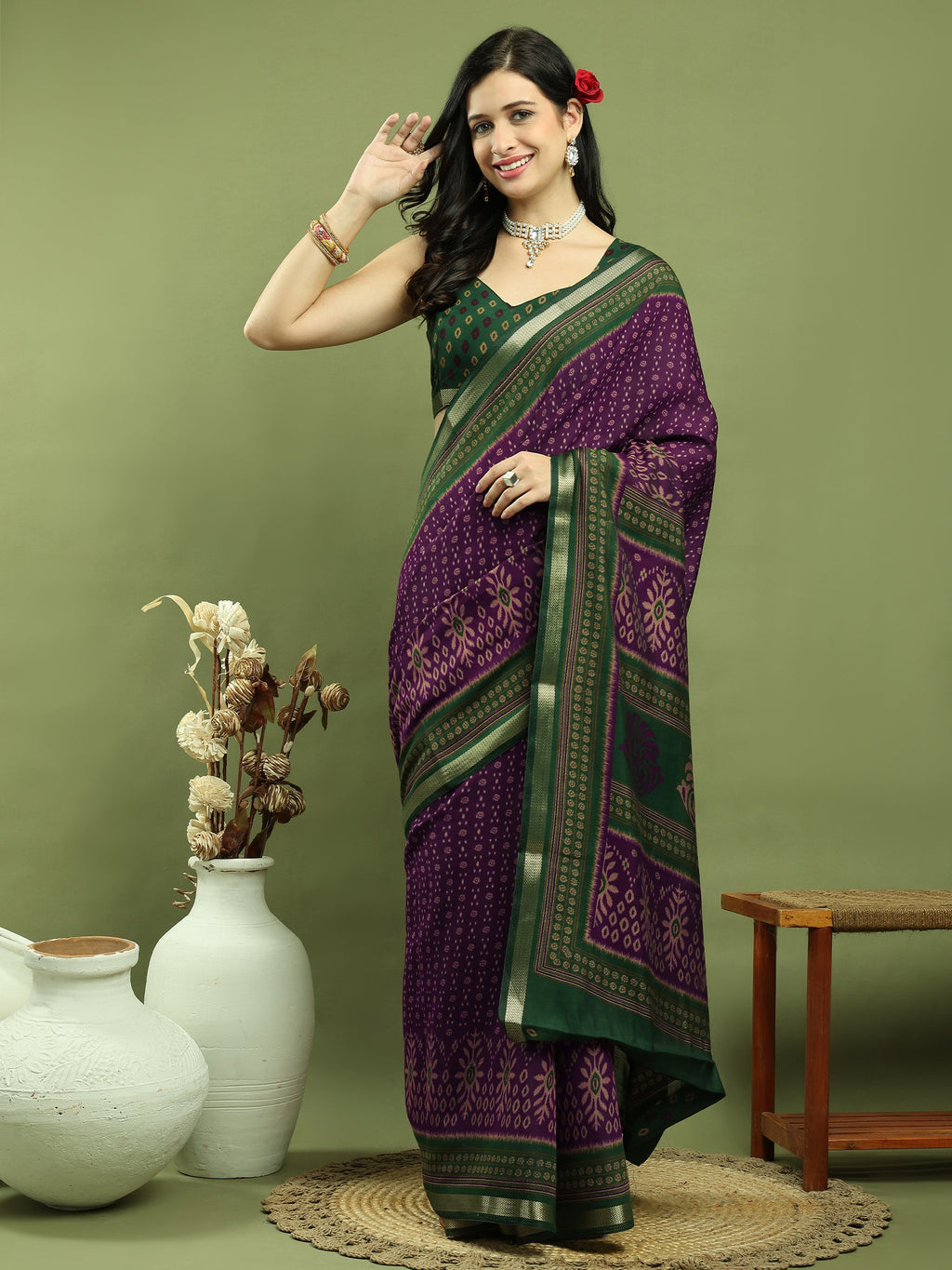 Jyoti Fashion Women's Purple Silk Blend Ikat Floral Print with Jari Border Saree with Blouse | Grocsy