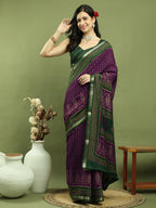 Jyoti Fashion Women's Purple Silk Blend Ikat Floral Print with Jari Border Saree with Blouse | Grocsy