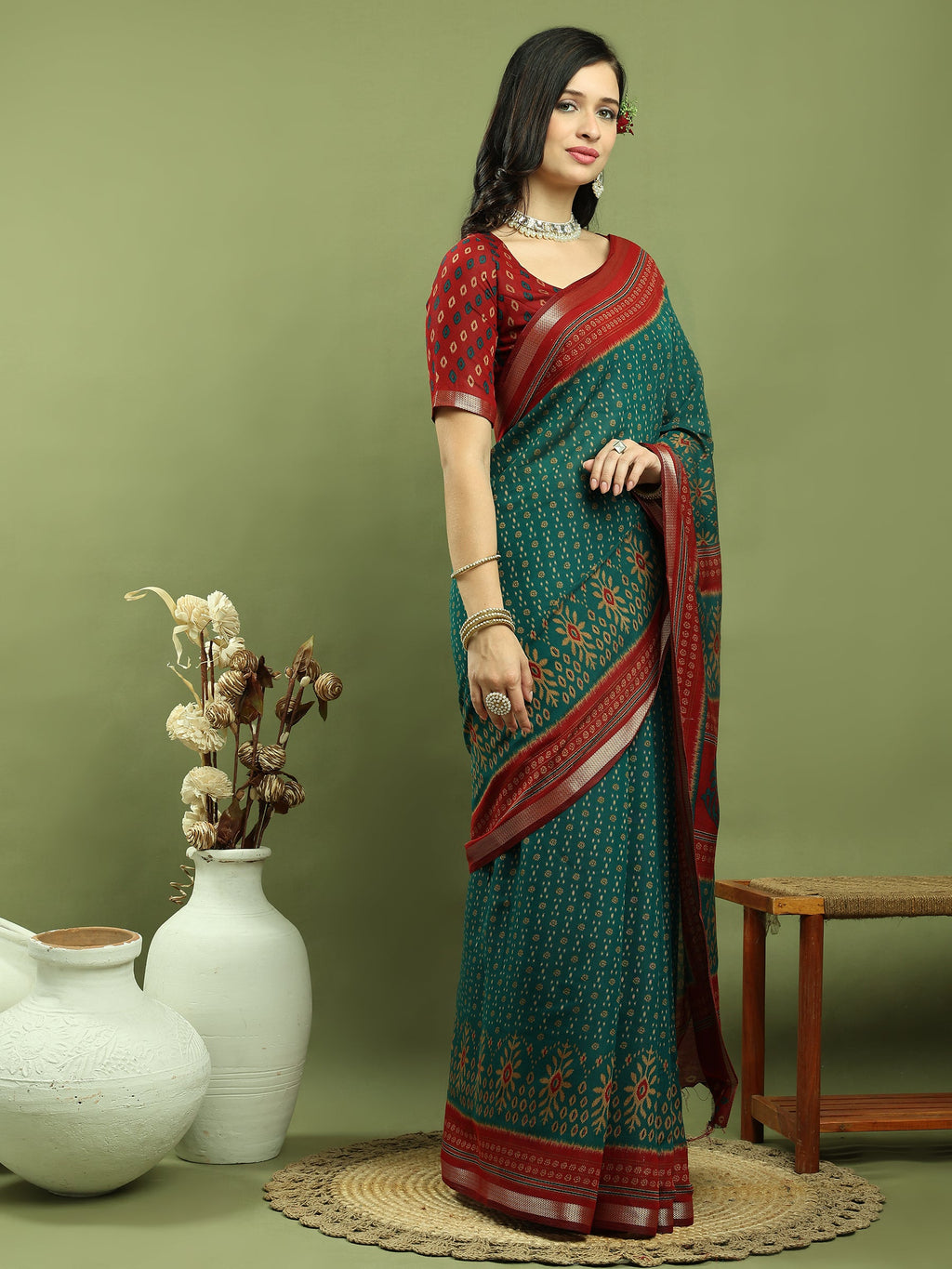 Jyoti Fashion Women's Teal Silk Blend Ikat Floral Print with Jari Border Saree with Blouse | Grocsy