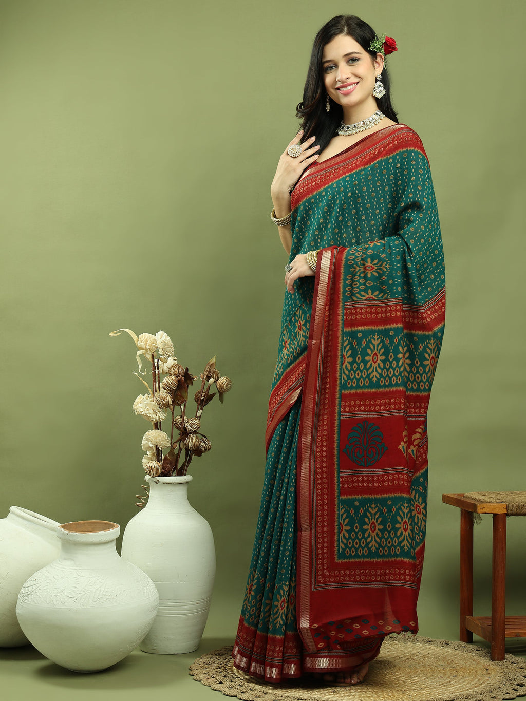 Jyoti Fashion Women's Teal Silk Blend Ikat Floral Print with Jari Border Saree with Blouse | Grocsy