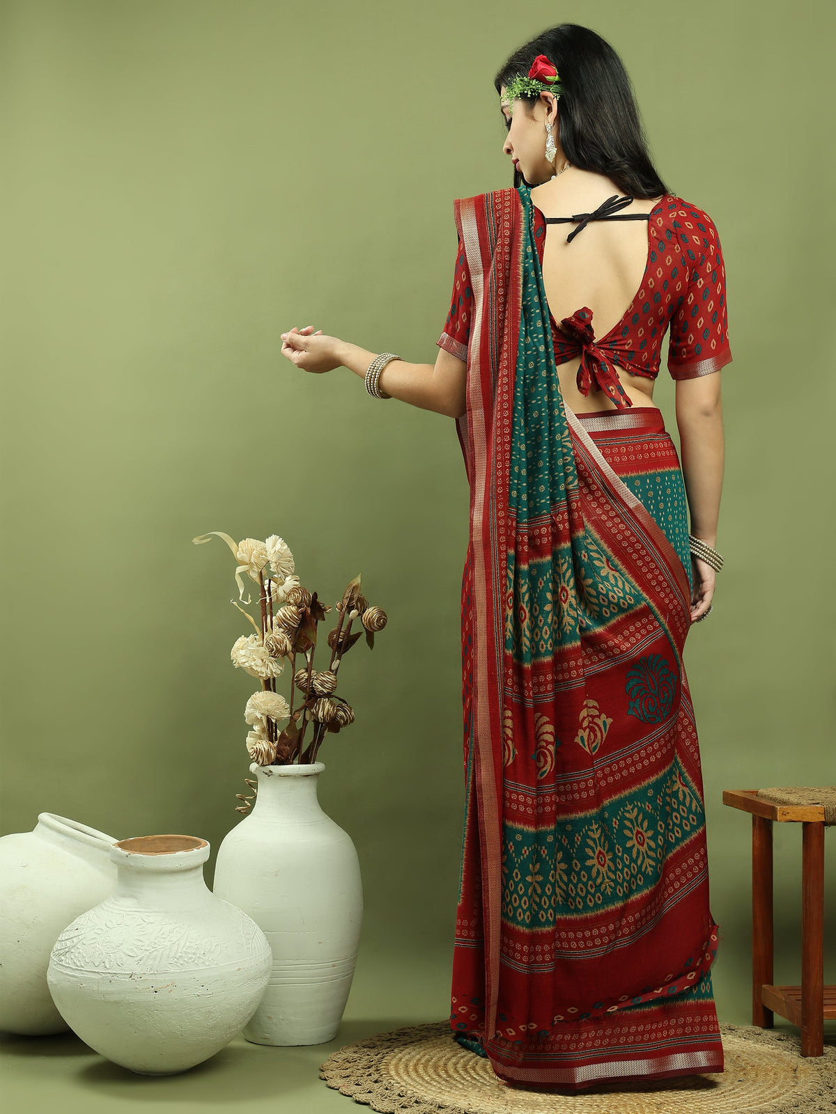 Jyoti Fashion Women's Teal Silk Blend Ikat Floral Print with Jari Border Saree with Blouse | Grocsy
