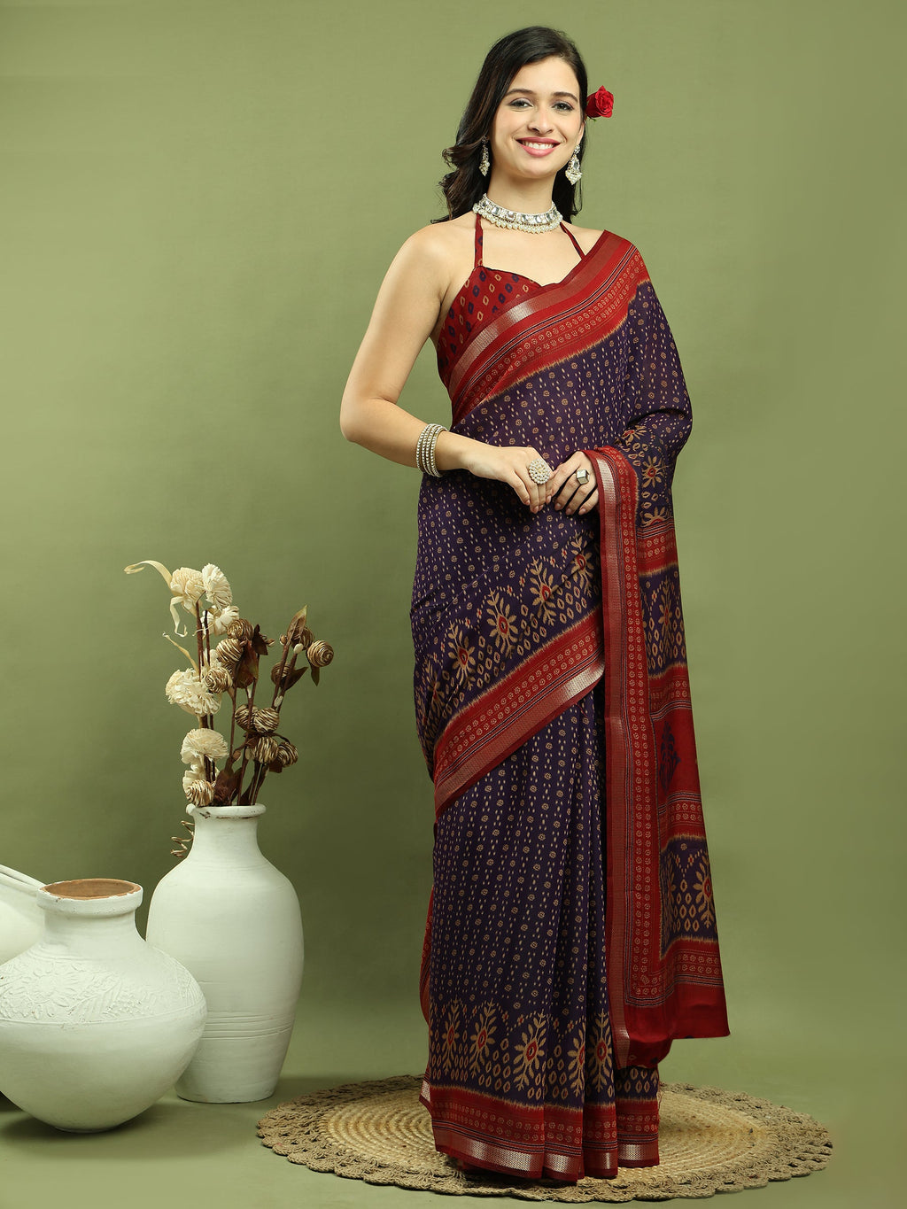 Jyoti Fashion Women's Violet Silk Blend Ikat Floral Print with Jari Border Saree with Blouse | Grocsy