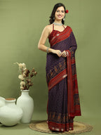 Jyoti Fashion Women's Violet Silk Blend Ikat Floral Print with Jari Border Saree with Blouse | Grocsy