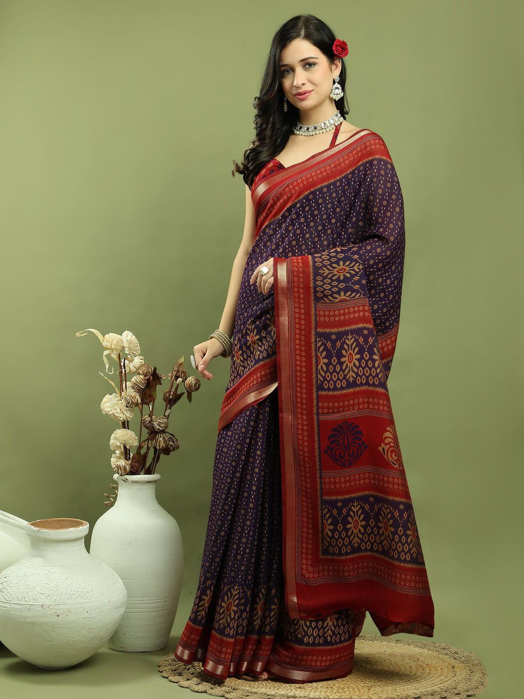 Jyoti Fashion Women's Violet Silk Blend Ikat Floral Print with Jari Border Saree with Blouse | Grocsy