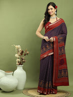 Jyoti Fashion Women's Violet Silk Blend Ikat Floral Print with Jari Border Saree with Blouse | Grocsy