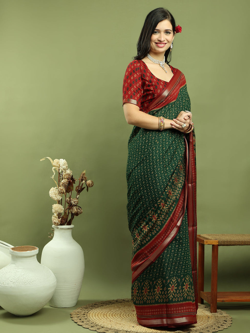 Jyoti Fashion Women's Green Silk Blend Ikat Floral Print with Jari Border Saree with Blouse | Grocsy