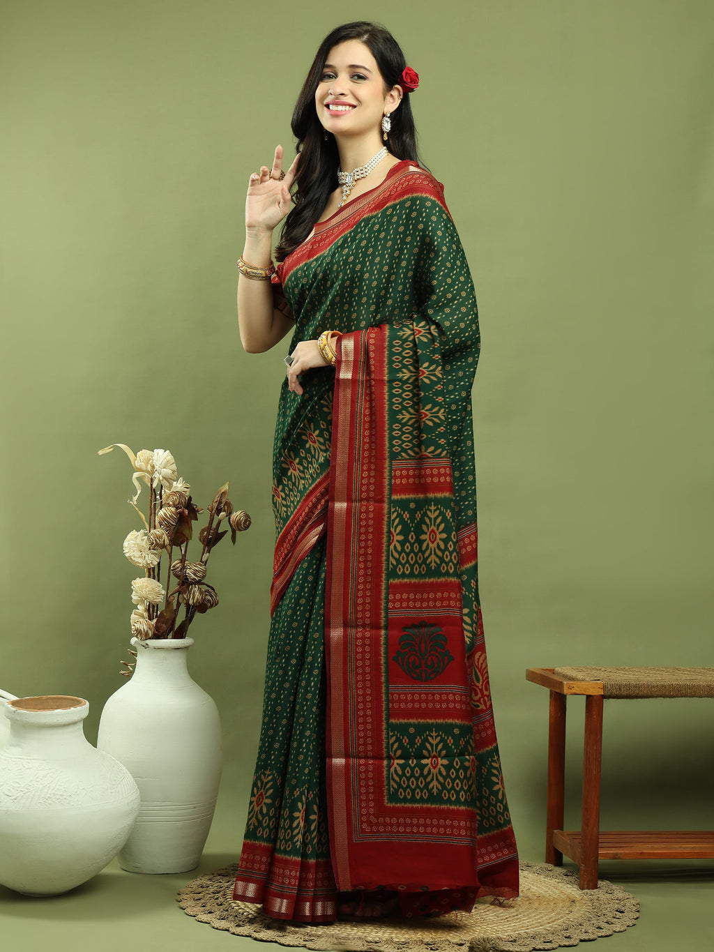 Jyoti Fashion Women's Green Silk Blend Ikat Floral Print with Jari Border Saree with Blouse | Grocsy