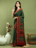 Jyoti Fashion Women's Green Silk Blend Ikat Floral Print with Jari Border Saree with Blouse | Grocsy