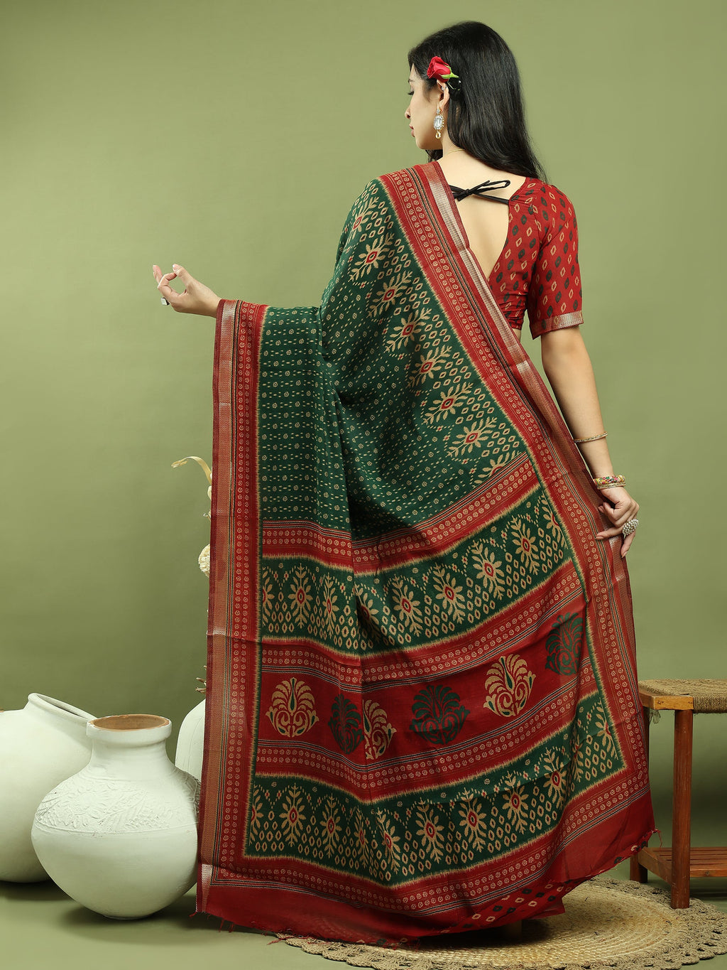 Jyoti Fashion Women's Green Silk Blend Ikat Floral Print with Jari Border Saree with Blouse | Grocsy