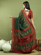 Jyoti Fashion Women's Green Silk Blend Ikat Floral Print with Jari Border Saree with Blouse | Grocsy