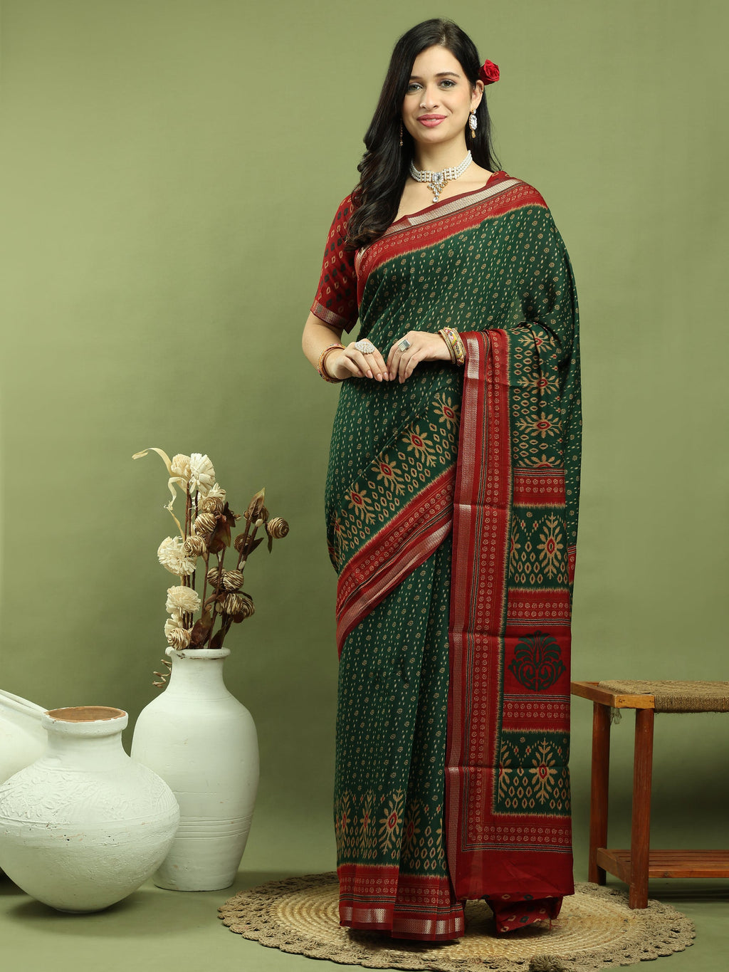 Jyoti Fashion Women's Green Silk Blend Ikat Floral Print with Jari Border Saree with Blouse | Grocsy