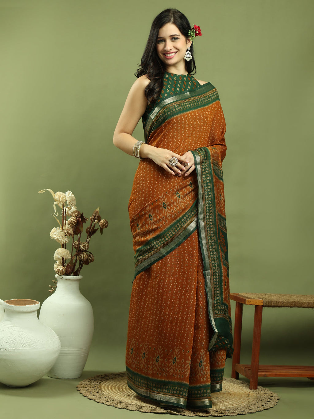 Jyoti Fashion Women's Mustard Silk Blend Ikat Floral Print with Jari Border Saree with Blouse | Grocsy