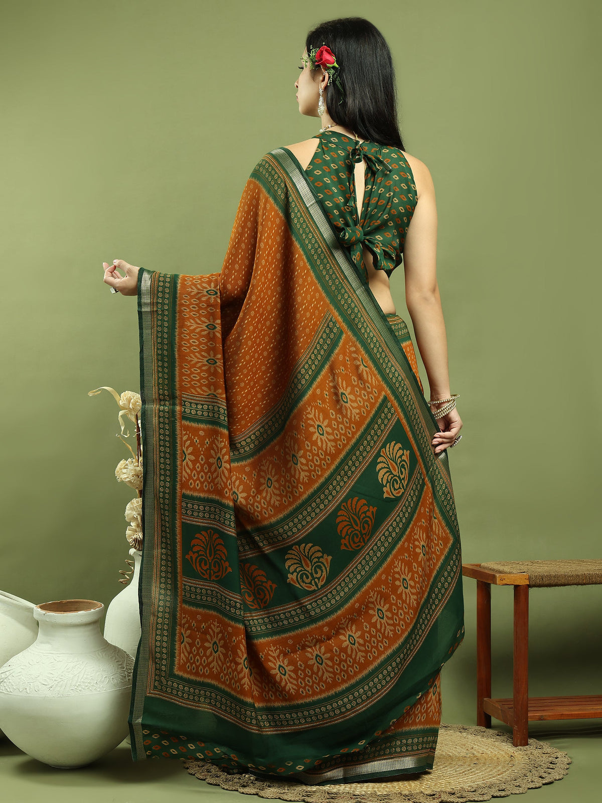 Jyoti Fashion Women's Mustard Silk Blend Ikat Floral Print with Jari Border Saree with Blouse | Grocsy