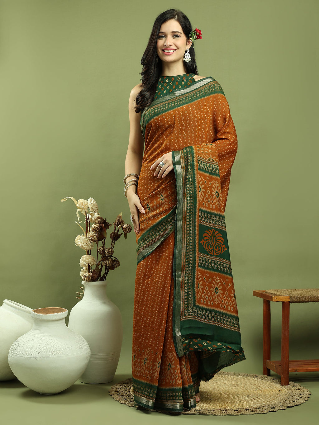 Jyoti Fashion Women's Mustard Silk Blend Ikat Floral Print with Jari Border Saree with Blouse | Grocsy