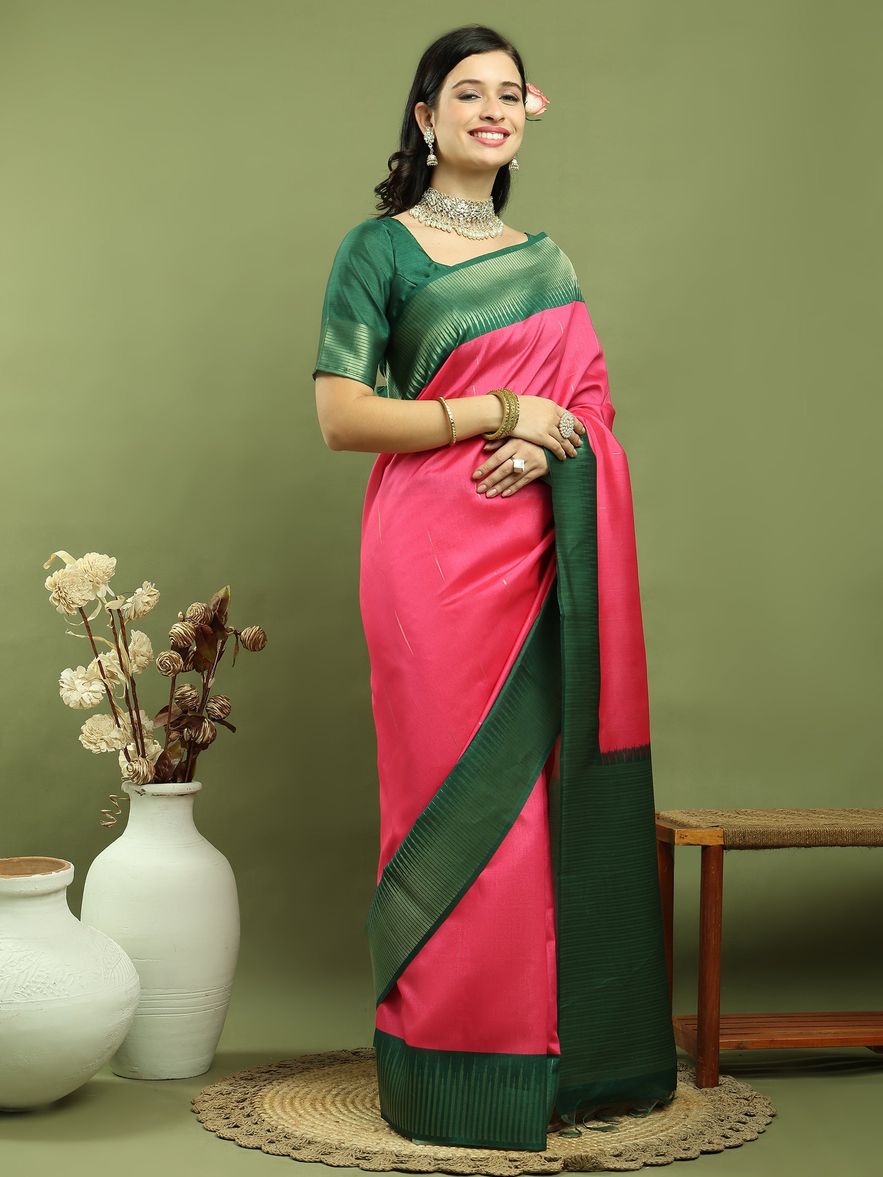 Jyoti Fashion Women's Pink Silk Blend Ikat Jari Weaving Pattern with Jari Border Saree with Blouse | Grocsy