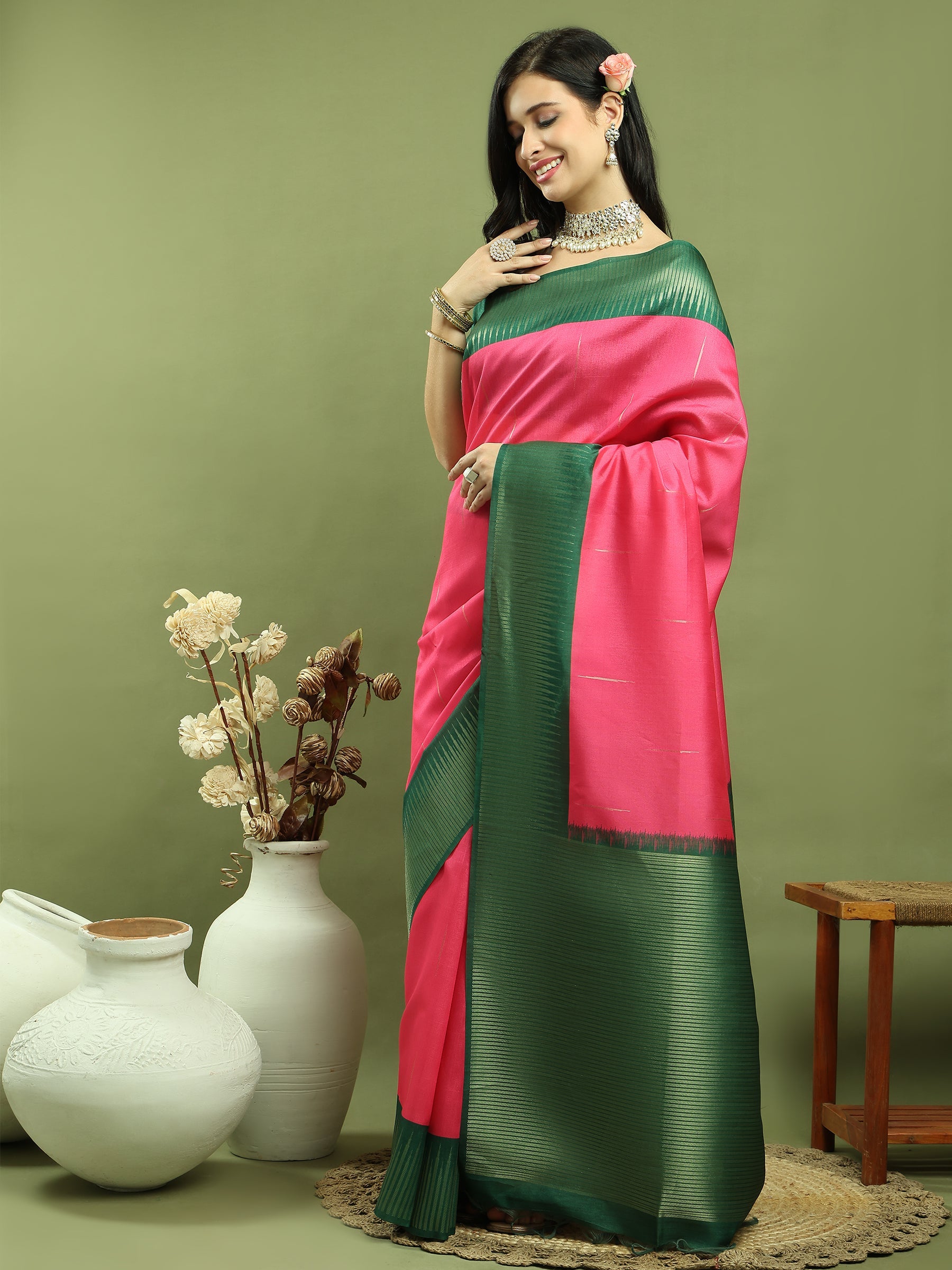 Jyoti Fashion Women's Pink Silk Blend Ikat Jari Weaving Pattern with Jari Border Saree with Blouse | Grocsy