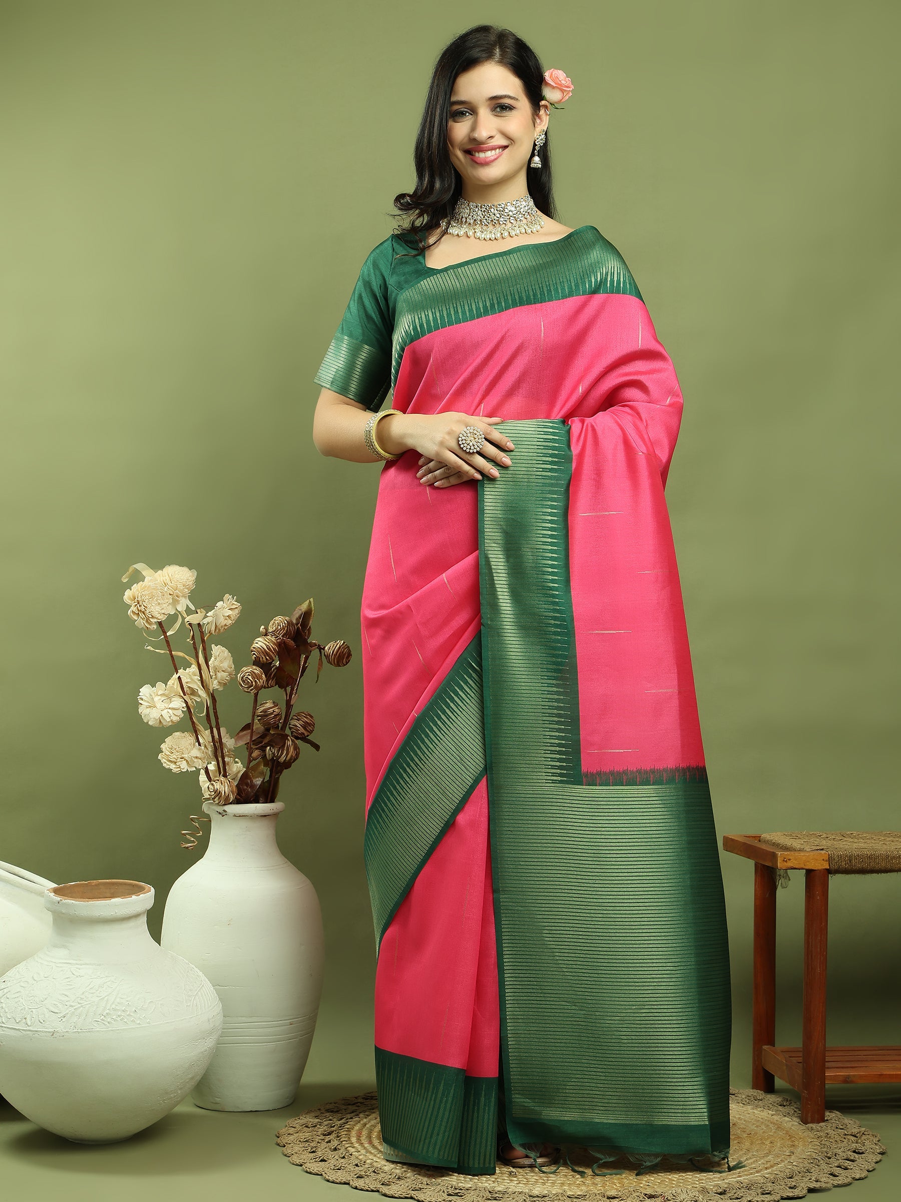 Jyoti Fashion Women's Pink Silk Blend Ikat Jari Weaving Pattern with Jari Border Saree with Blouse | Grocsy